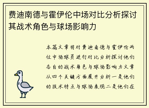 费迪南德与霍伊伦中场对比分析探讨其战术角色与球场影响力